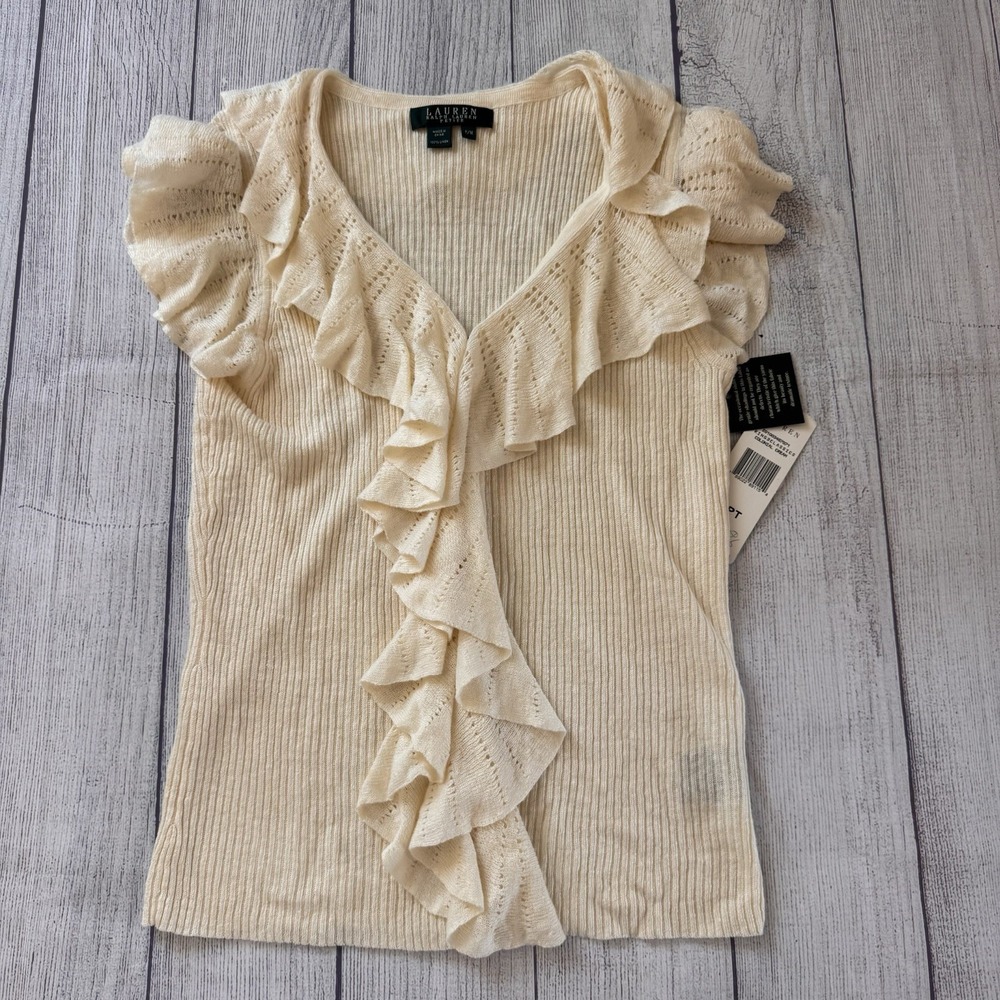 Lauren‎ Ralph Lauren Top Womens MP Shirt Cream Ruffle V-Neck 100% Linen Ribbed